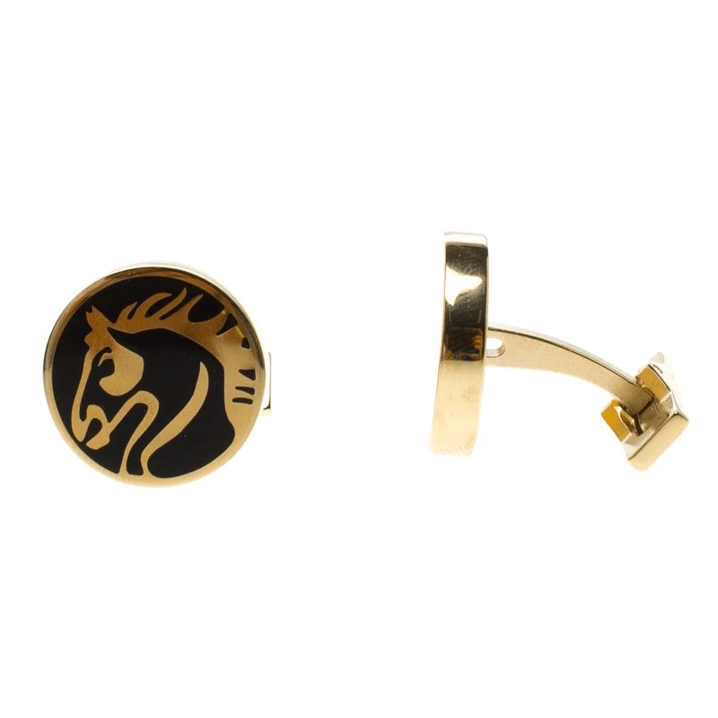 S.T. Dupont Black Lacquer Horse Gold Plated Limited Edition Cufflinks For Men - Image 2