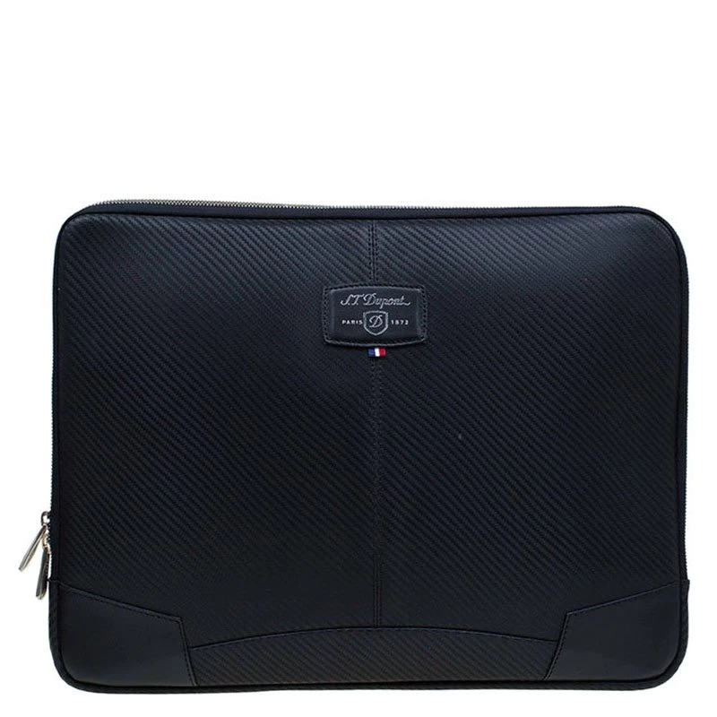 S.T. Dupont Black Leather Carbone Laptop Case For Men