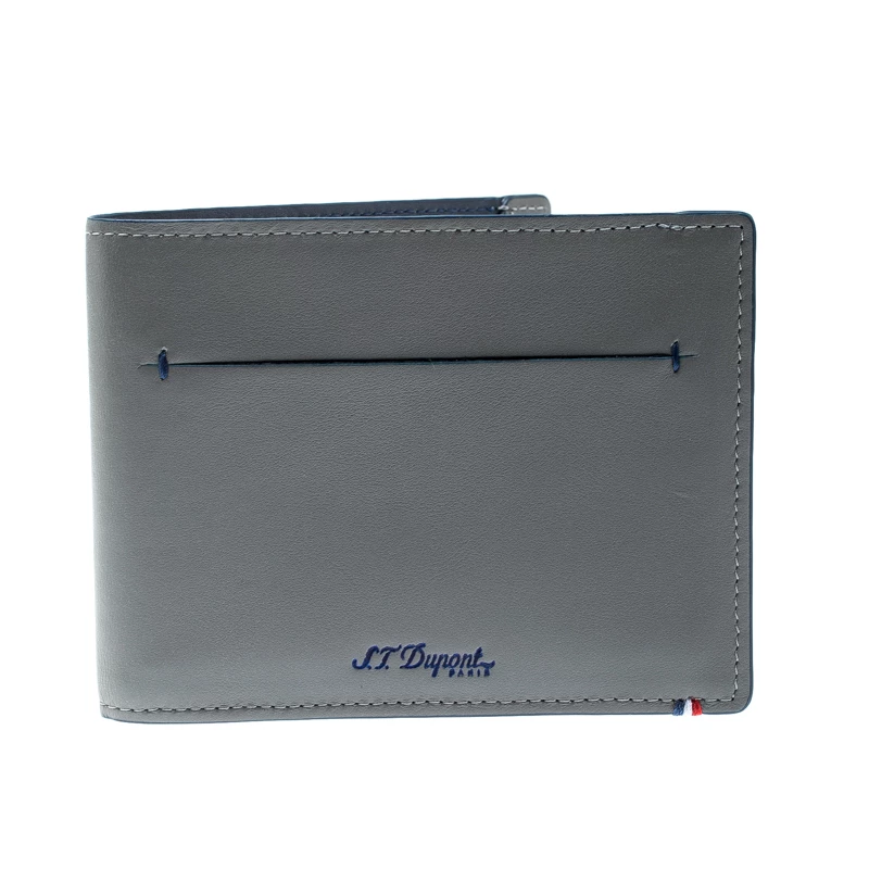 S.T. Dupont Grey Leather D Line 7CC Bifold Wallet For Men