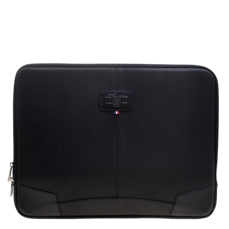 S.T. Dupont Black Leather Carbone Laptop Case Bag For Men