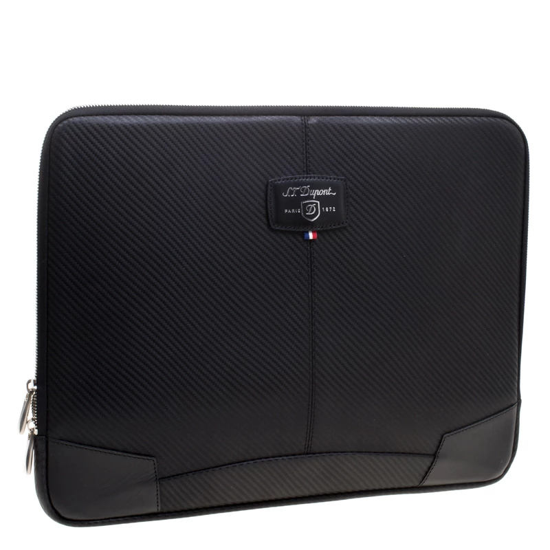 S.T. Dupont Black Leather Carbone Laptop Case Bag For Men - Image 3