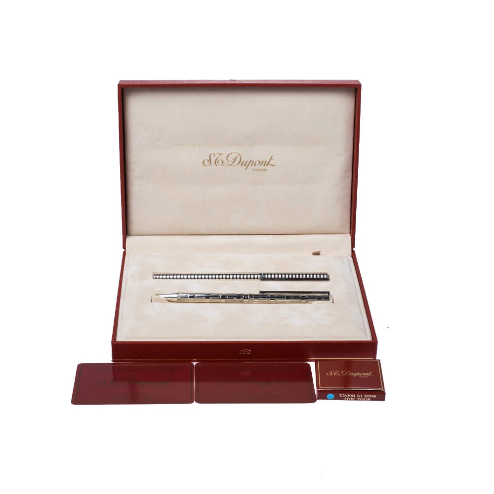 S.T. Dupont Vintage Textured Silver Tone Ballpoint & Fountain Pen Set For Men - Image 7
