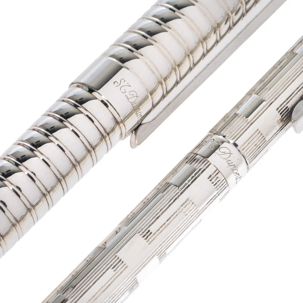 S.T. Dupont Vintage Textured Silver Tone Ballpoint & Fountain Pen Set For Men - Image 5