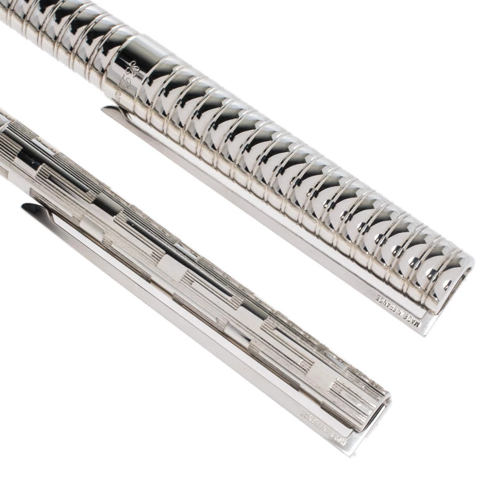 S.T. Dupont Vintage Textured Silver Tone Ballpoint & Fountain Pen Set For Men - Image 6