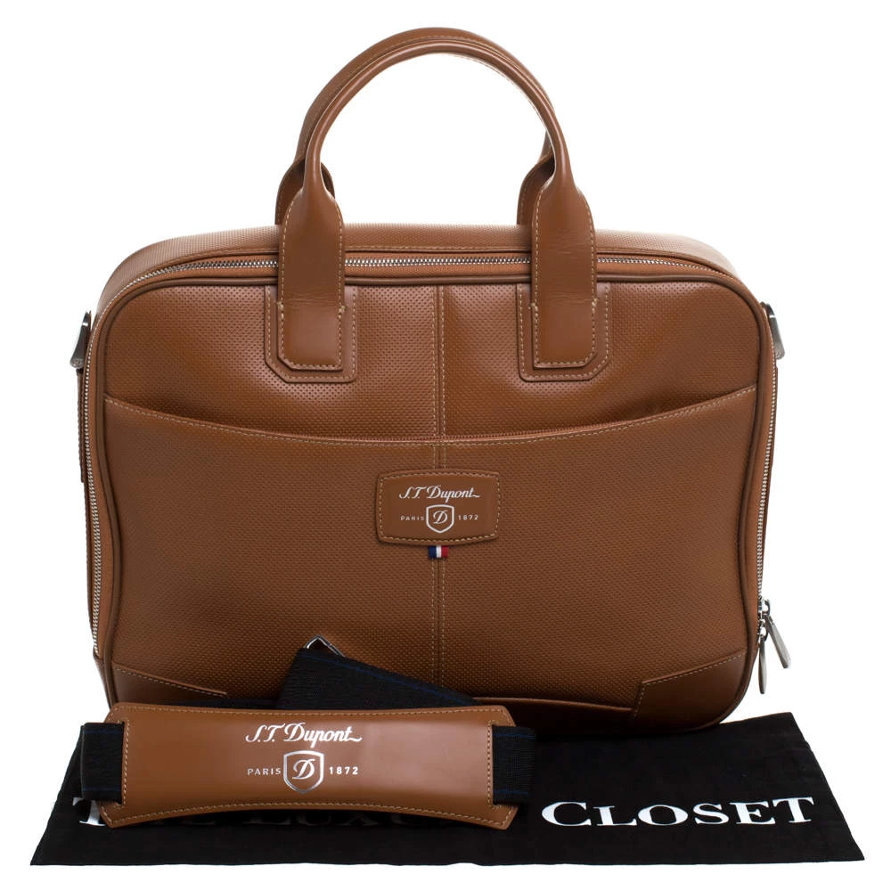 S.T. Dupont Tan Brown Perforated Leather Small Laptop And Document Holder Bag For Men - Image 9