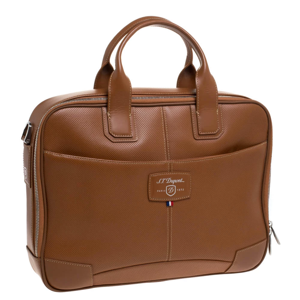 S.T. Dupont Tan Brown Perforated Leather Small Laptop And Document Holder Bag For Men - Image 3