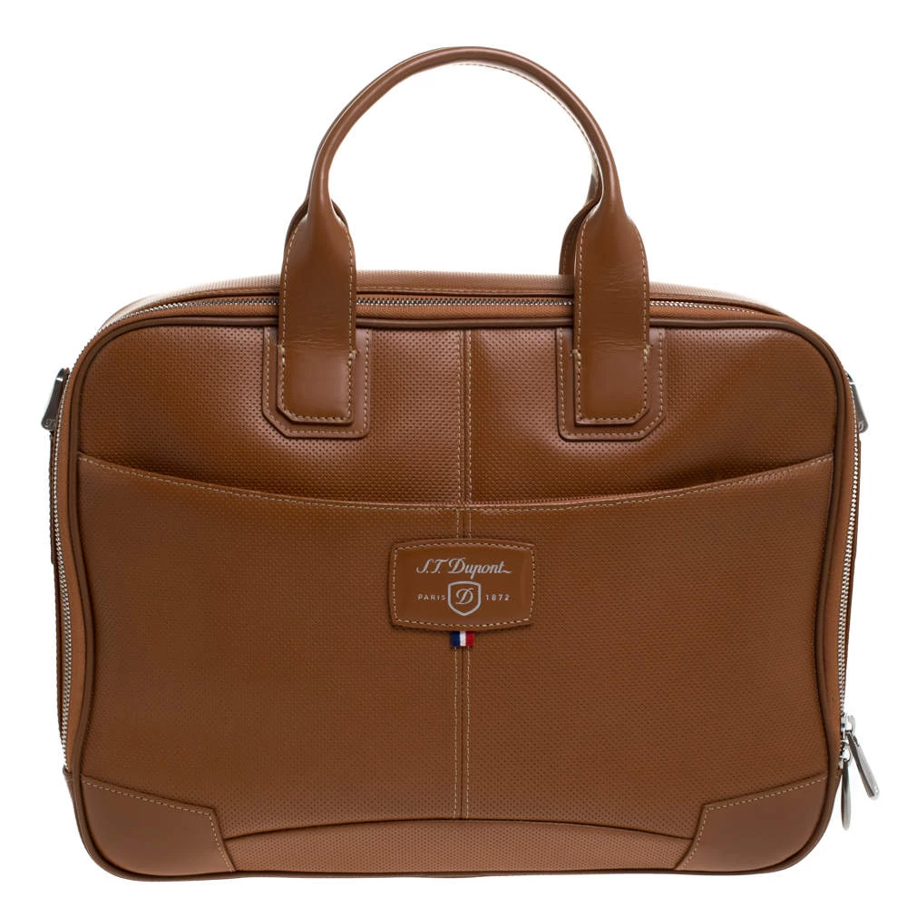 S.T. Dupont Tan Brown Perforated Leather Small Laptop And Document Holder Bag For Men