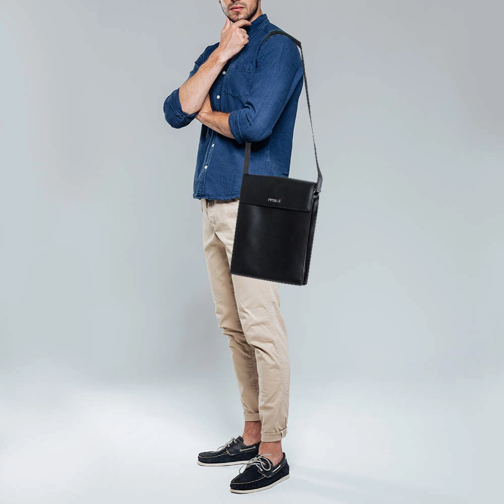 S.T. Dupont Black Leather Messenger Bag For Men - Image 2