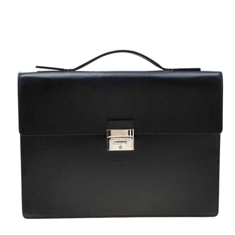 S.T. Dupont Black Leather Line D Gusset Briefcase For Men